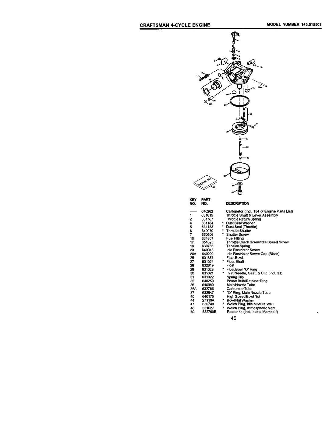 Craftsman 917.773423 owner manual Craftsman 4-CYCLE Engine MODELNUMBER143,015502, Part 