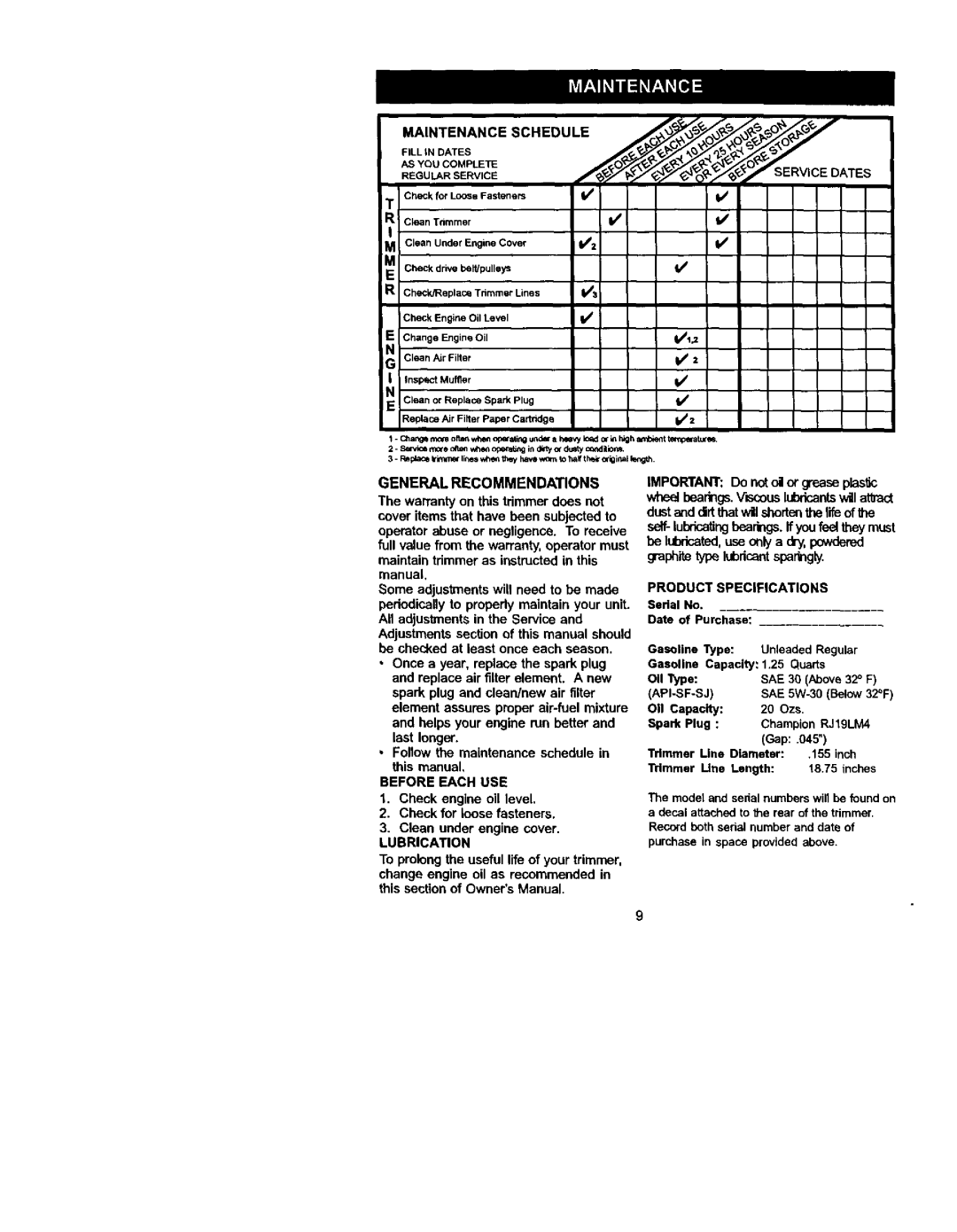 Craftsman 917.773423 owner manual General Recommendations, Before Each USE, Lubrication 