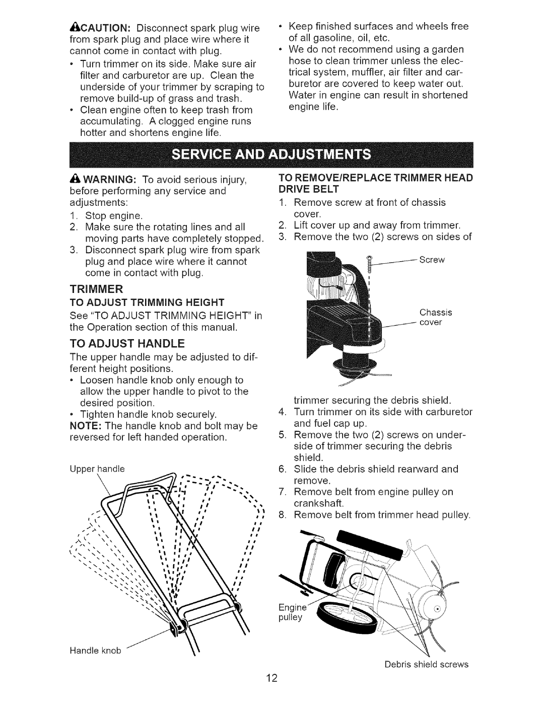 Craftsman 917.77374 owner manual To Adjust Handle, To REMOVE/REPLACE Trimmer Head Drive Belt 