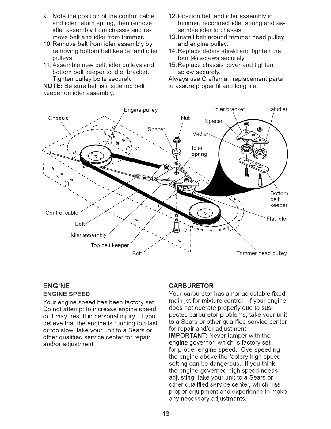 Craftsman 917.77374 owner manual Engine Engine Speed, Carburetor 