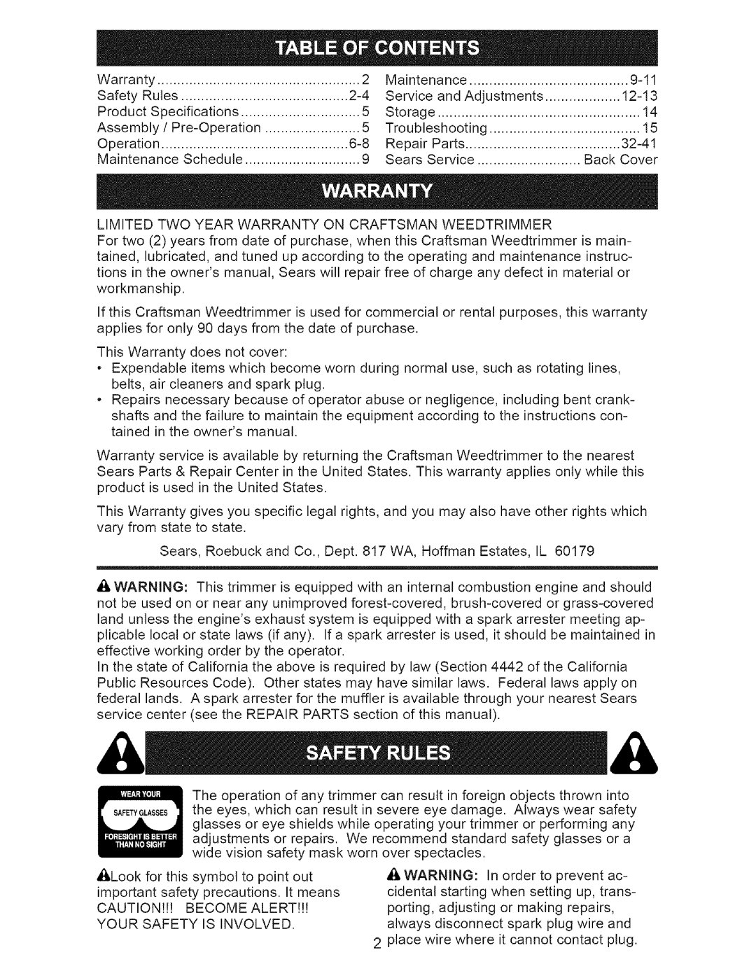 Craftsman 917.77374 owner manual Limited TWO Year Warranty on Craftsman Weedtrimmer 