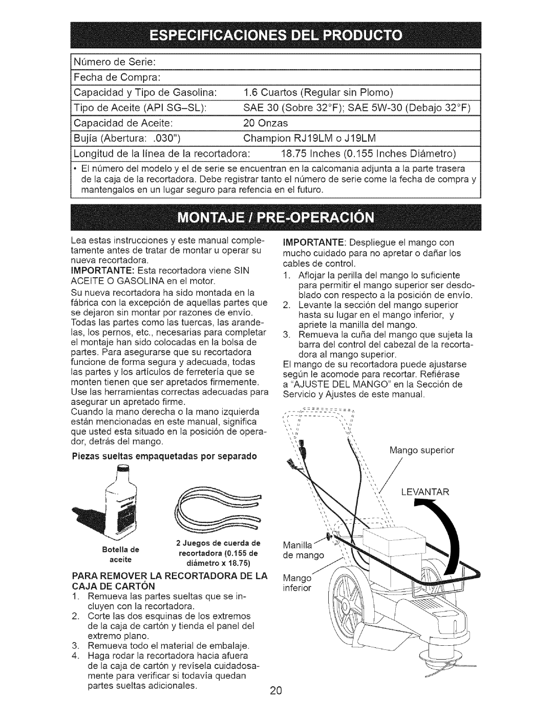 Craftsman 917.77374 owner manual Api Sg-Sl Sae, RJ19LM, Levantar, Para Remover LA Recortadora DE LA Caja DE Carton 