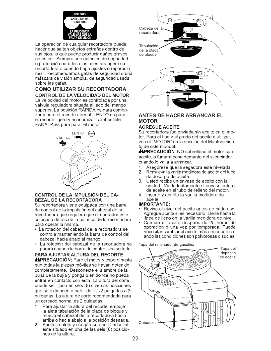 Craftsman 917.77374 owner manual Como Utilizar SU Recortadora, Control DE LA Velocidad DEL Motor 