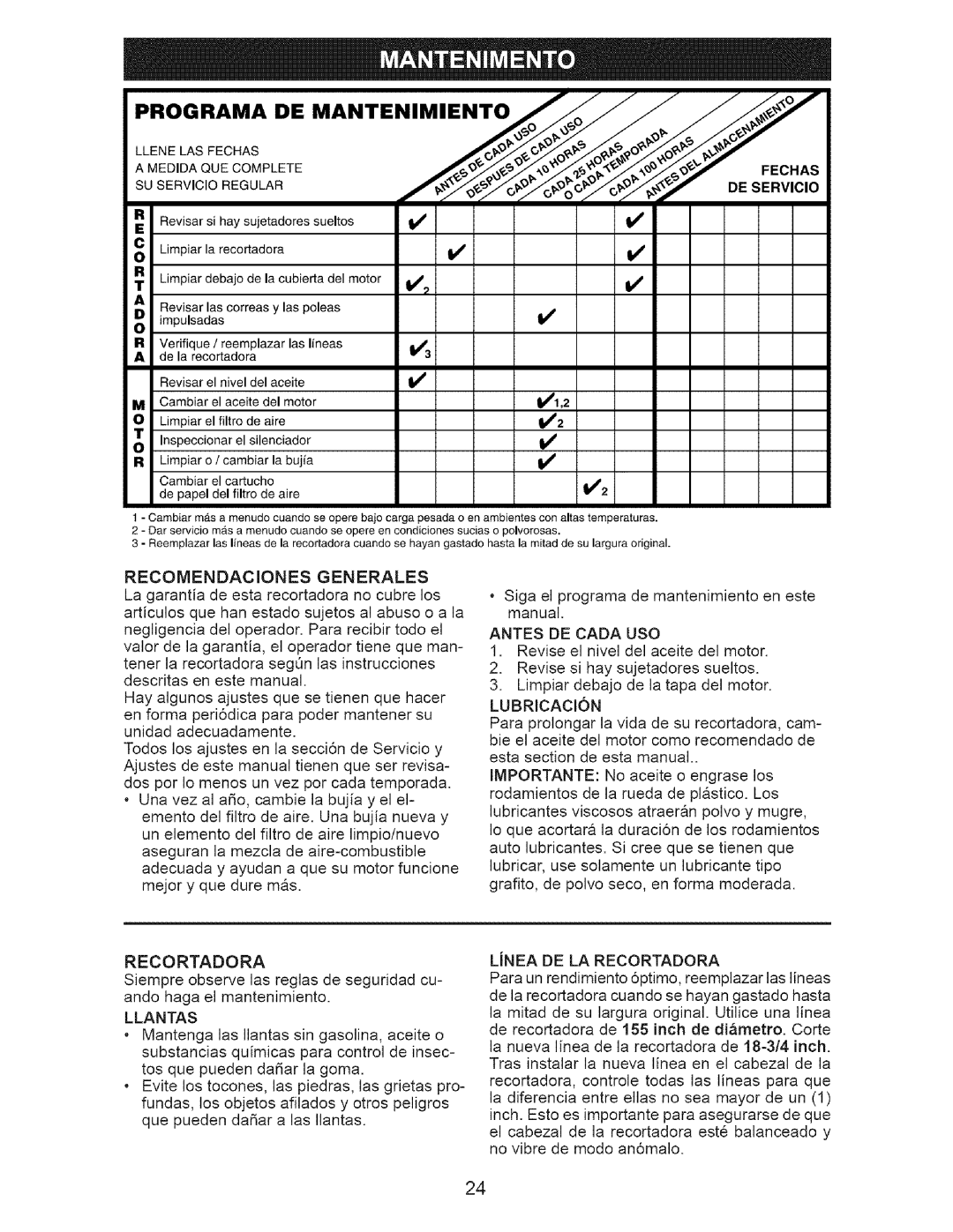 Craftsman 917.77374 owner manual Recortadora, Llantas, Antes DE Cada USO, LUBRICACI6N 