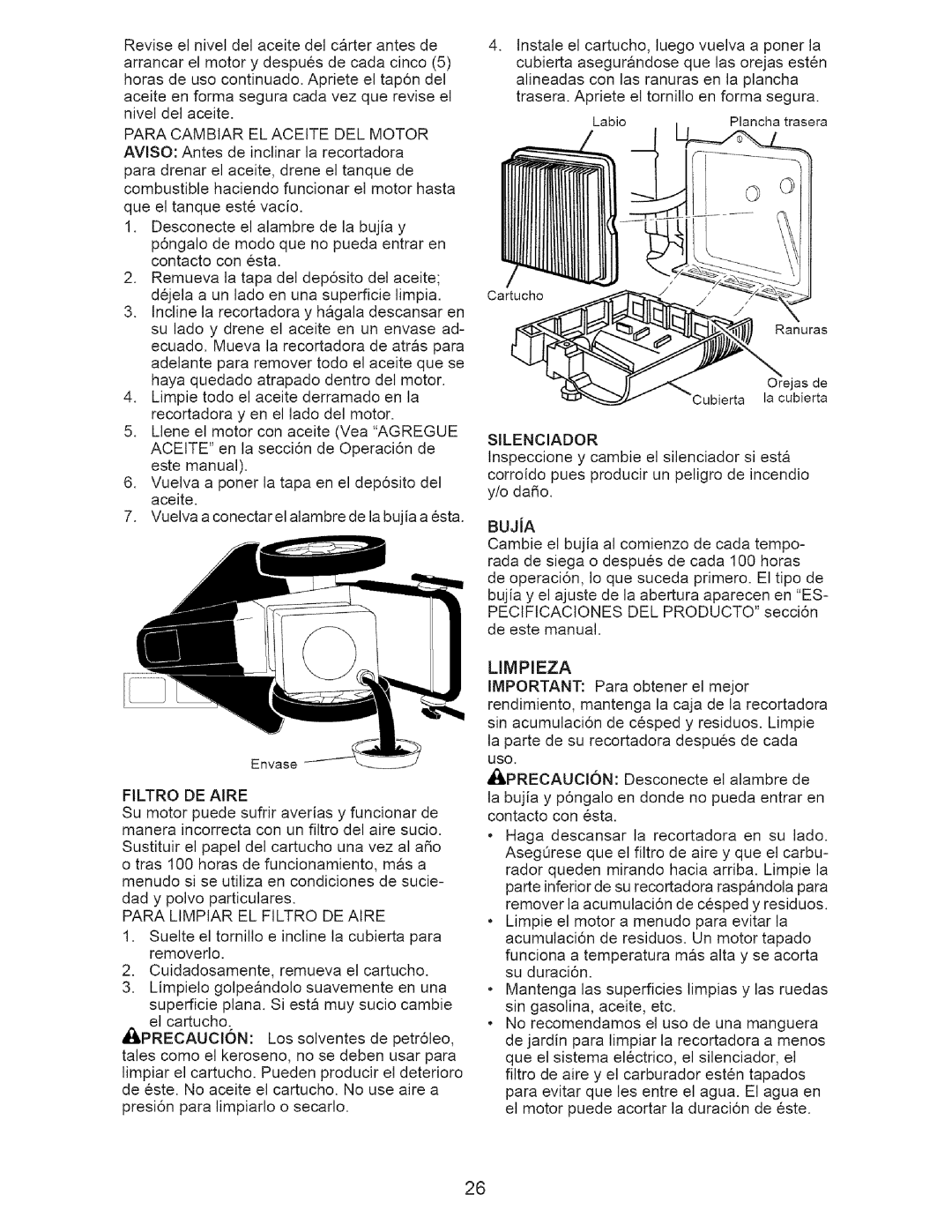 Craftsman 917.77374 owner manual Filtro DE Aire, Limpieza 