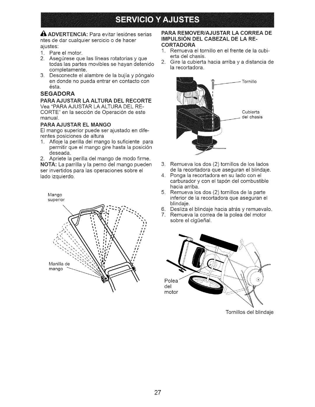 Craftsman 917.77374 owner manual Segadora, Para Ajustar EL Mango 