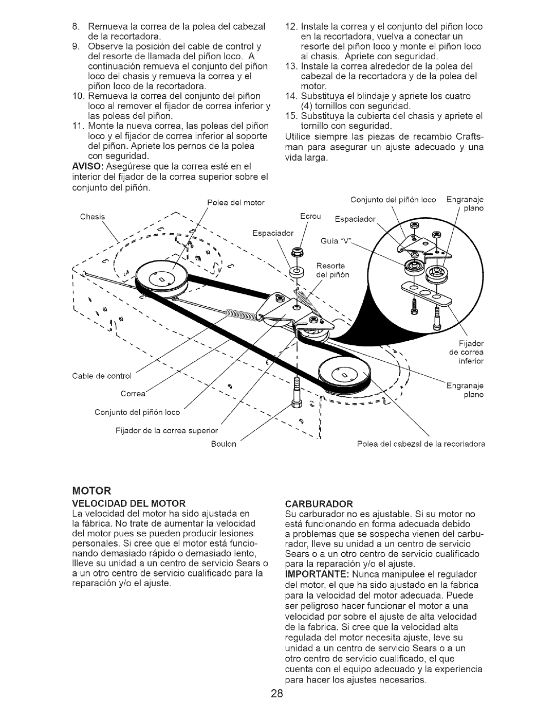 Craftsman 917.77374 owner manual Motor Velocidad DEL Motor, Carburador 