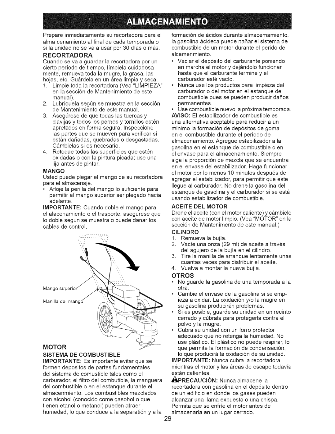 Craftsman 917.77374 owner manual Otros, Mango, Motor Sistema DE Combustible, Aceite DEL Motor, Cilindro 