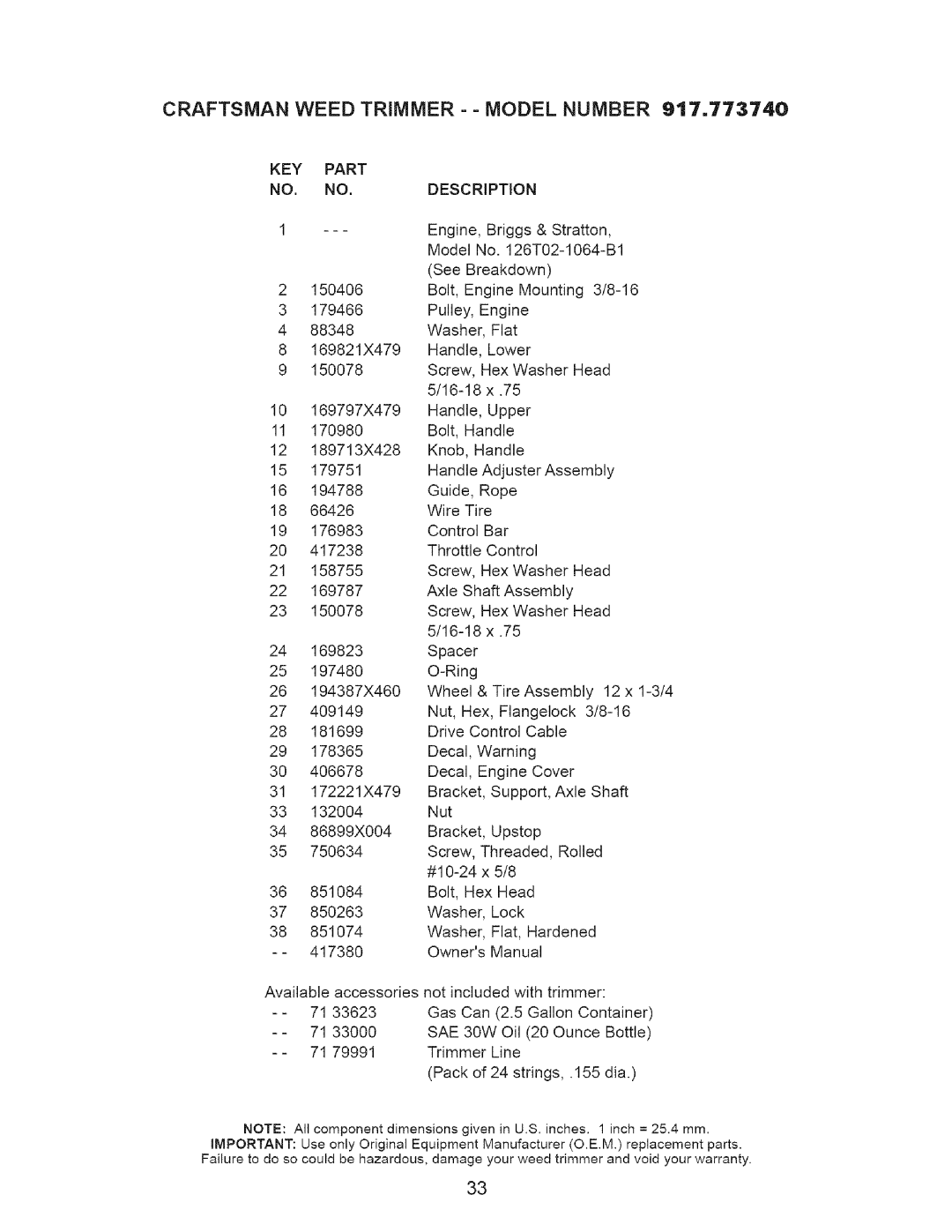 Craftsman 917.77374 owner manual KEY Part, NO. no 