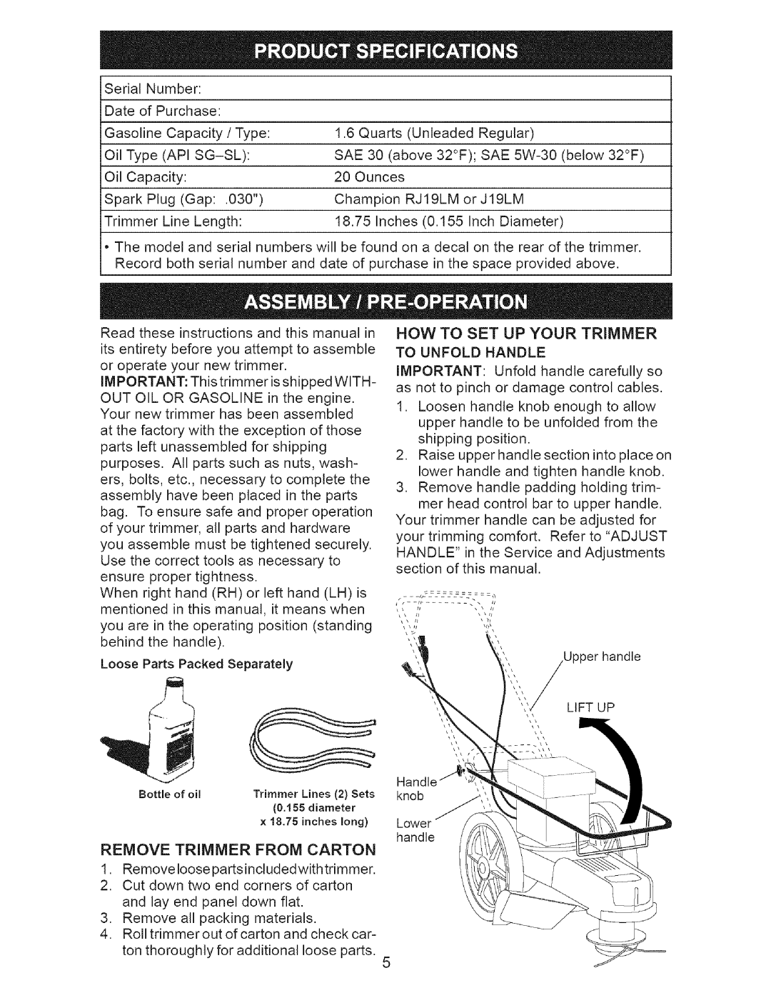 Craftsman 917.77374 owner manual HOW to SET UP Your Trimmer to Unfold Handle, Lift UP 