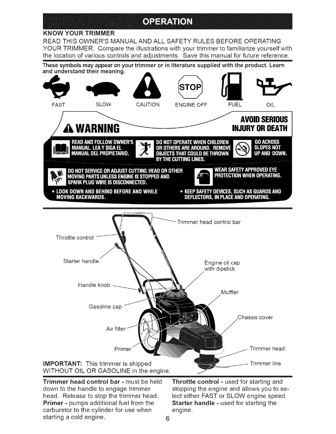 Craftsman 917.77374 owner manual Know Your Trimmer, Fast Slow Engine OFF Fuel OIL 