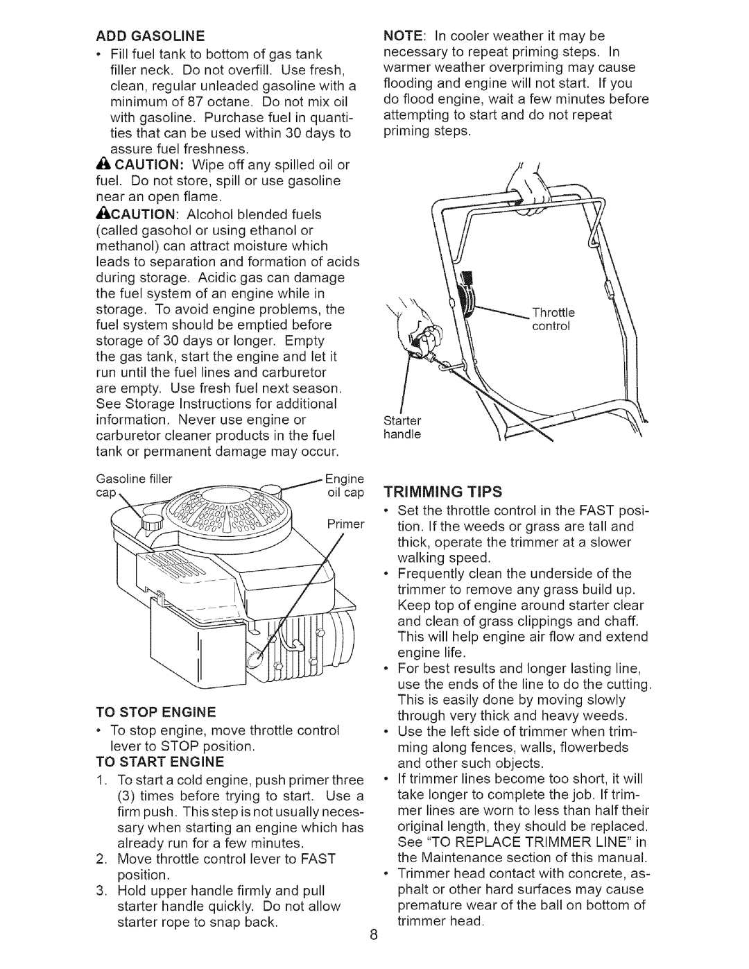 Craftsman 917.77374 owner manual To Stop Engine, To Start Engine, Trimming Tips 