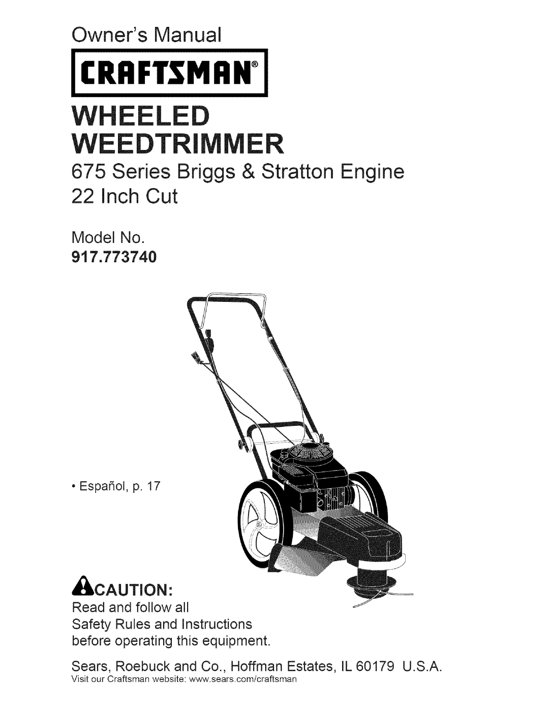 Craftsman owner manual Owners Manual, Series Briggs & Stratton Engine 22 Inch Cut, Model No, 917.773740, _ICAUTiON 