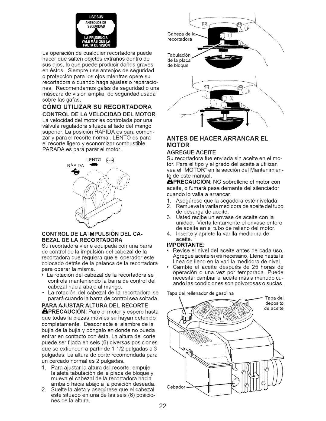 Craftsman 917.77374 owner manual Como Utilizar Su Recortadora, Control De La Velocidad Del Motor 