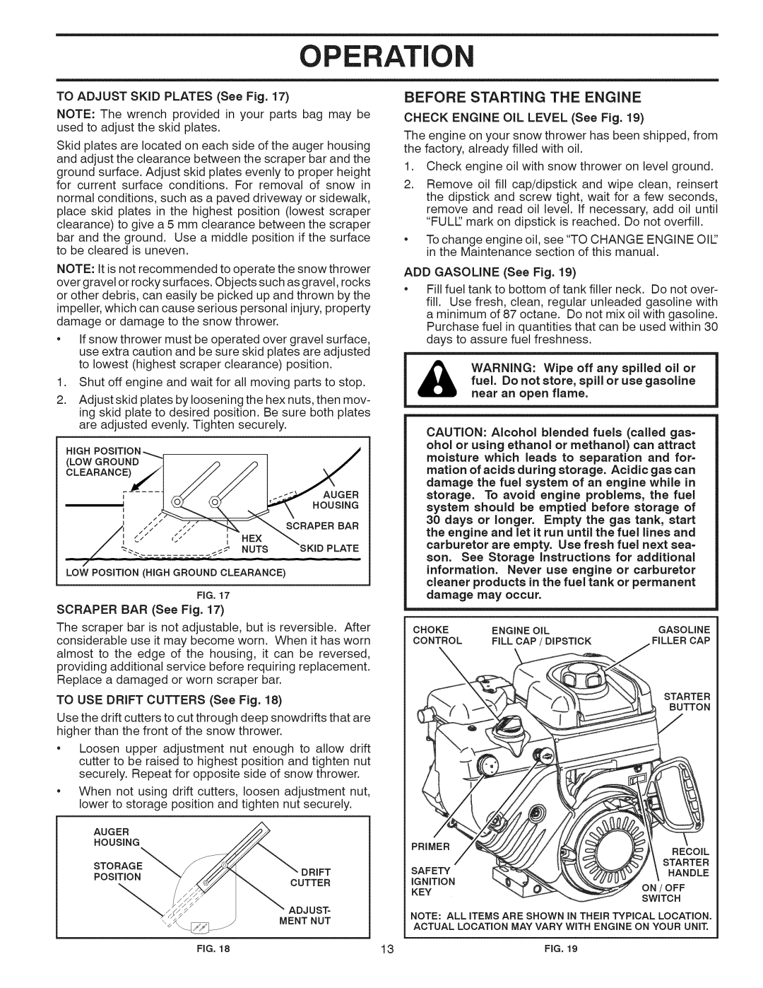 Craftsman 917.881064 owner manual Operati, Before Starting The Engine, TO ADJUST SKID PLATES See Fig, SCRAPER BAR See Fig 
