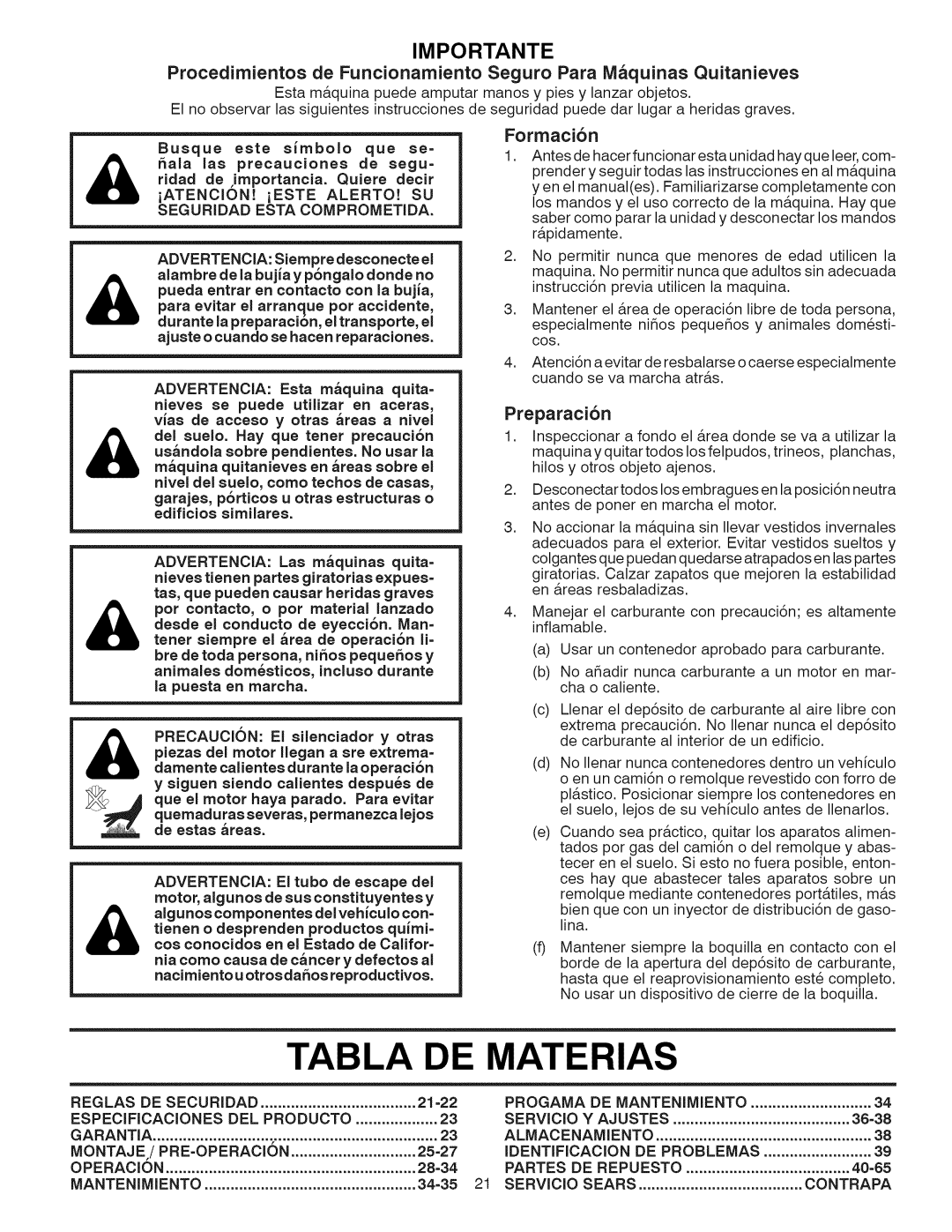Craftsman 917.881064 Tabla De Materias, Importante, Formacibn, Preparaci6n, ridad de ,importancia. Quiere decir, Operacion 