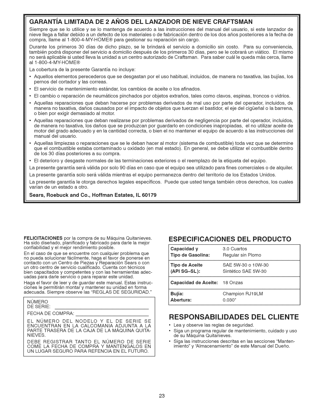 Craftsman 917.881064 owner manual Especificaciones Del Producto, Tipo, de Gasolina, Sg-Sl, Onzas 