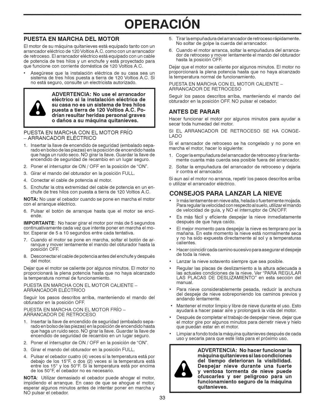 Craftsman 917.881064 owner manual Operac, Consejos Para Lanzar La Nieve, Puesta En Iviarcha Del Motor, Antes De Parar 