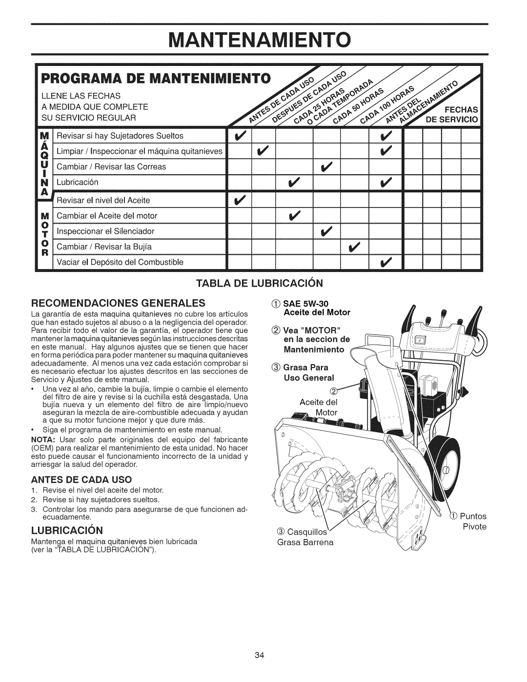 Craftsman 917.881064 owner manual Tabla De Recomendaciones Generales, Lubricackn, LUBRlCAClON, _ SAE 5W-30 Aceite del Motor 