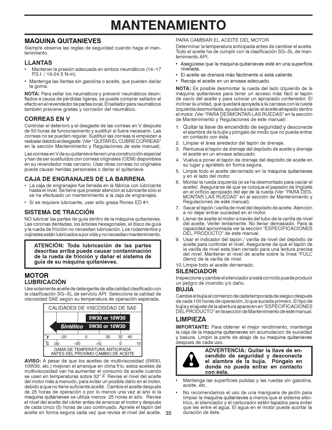 Craftsman 917.881064 owner manual Ante A To, Maquina Quitanieves, Limpieza, Llantas, Sistema De Traccion, MOTOR LUBRICAClON 