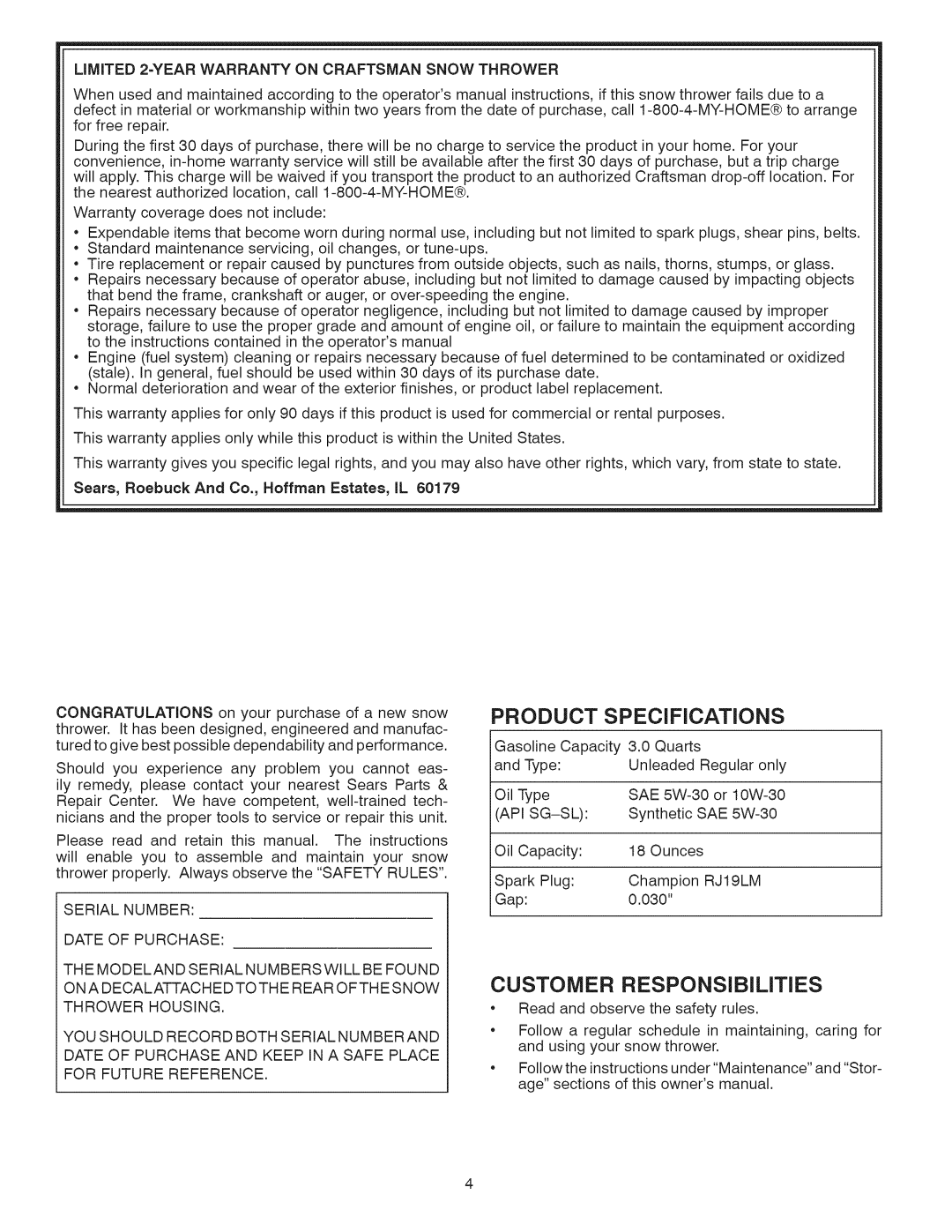 Craftsman 917.881064 Product Specifications, Customer Responsibilities, Sears, Roebuck And Co., Hoffman Estates, IL 