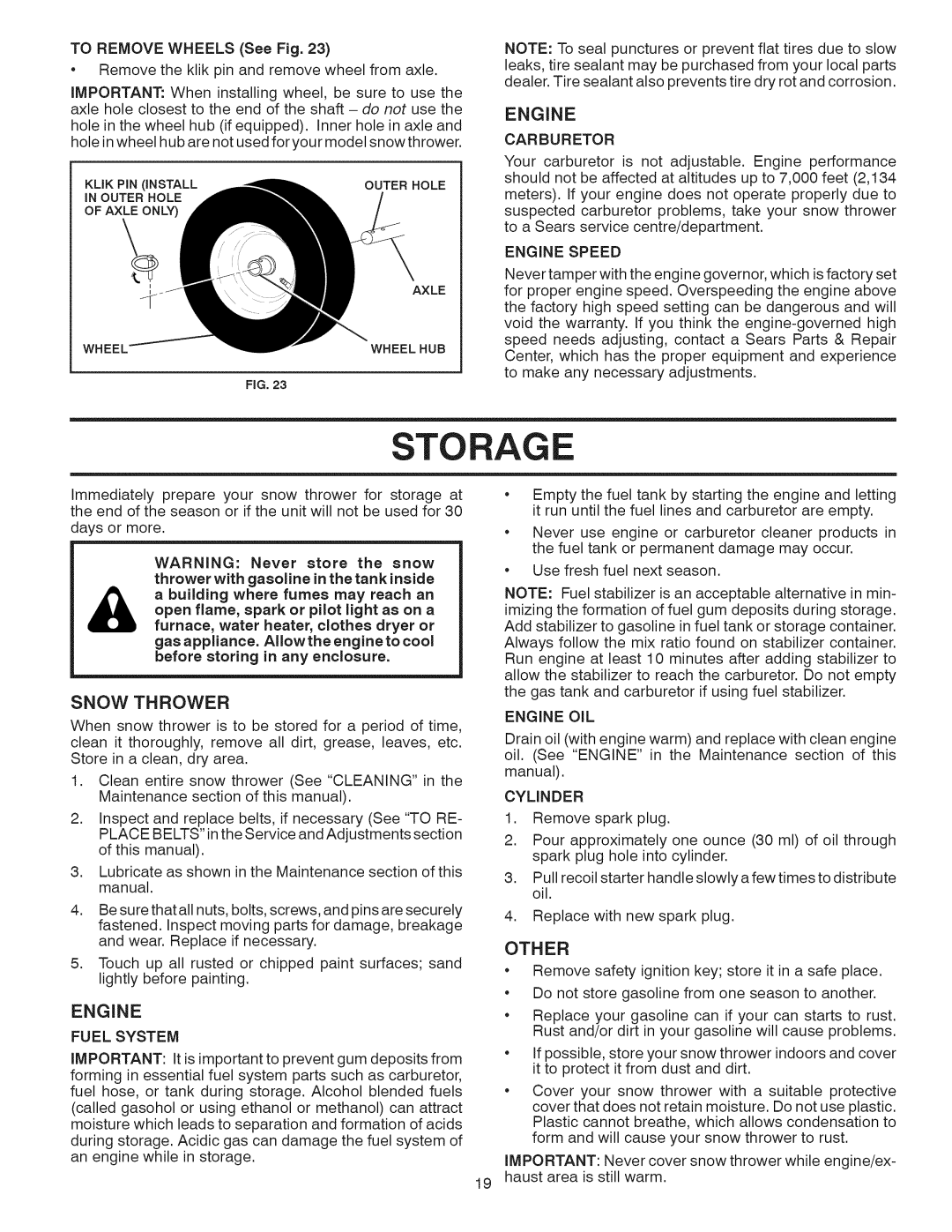 Craftsman 917.881064 owner manual Storage, Snow Thrower, Other 