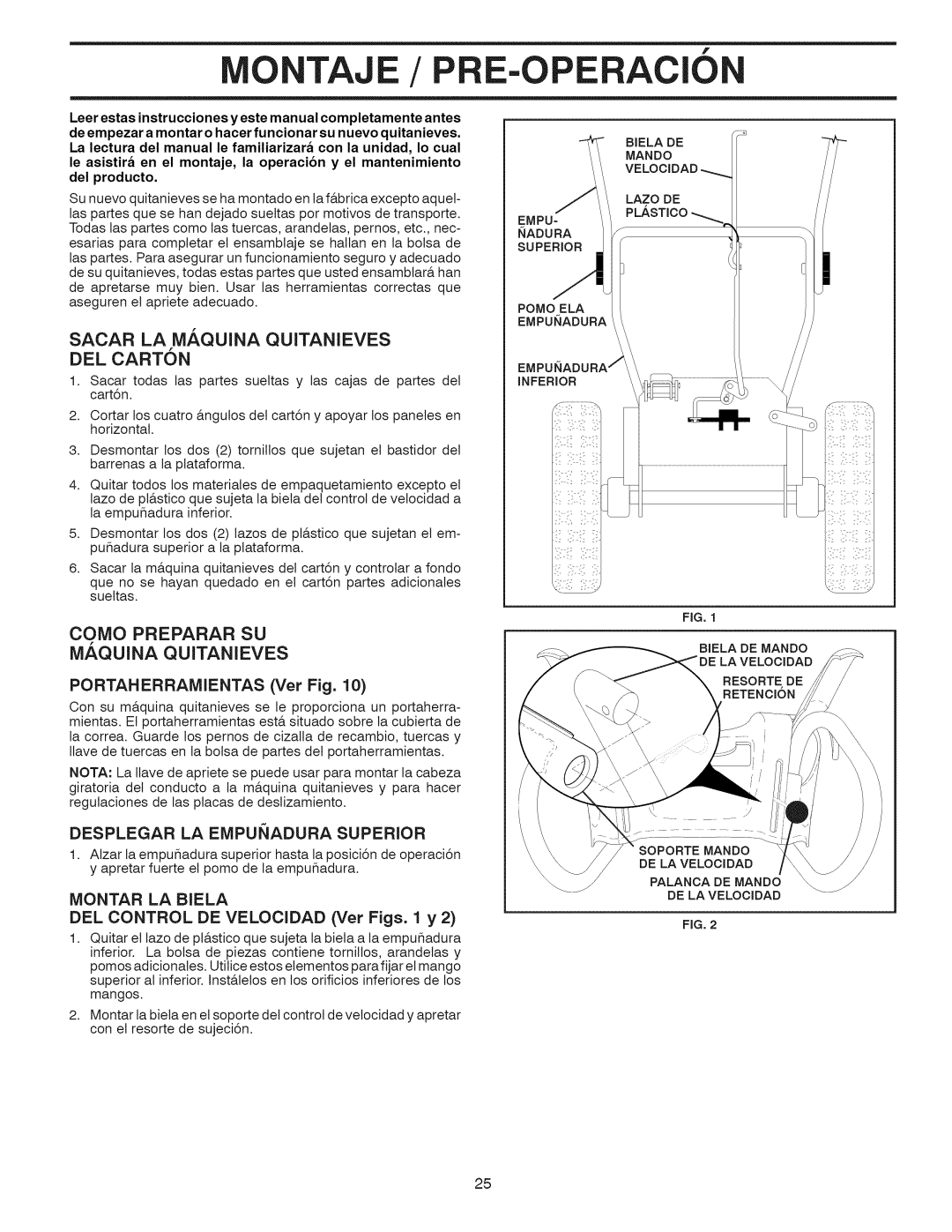 Craftsman 917.881064 owner manual Montaje / PRE-OPE, Acion, Sacar, Desplegar LA Empunadura Superior, Montar LA Biela 