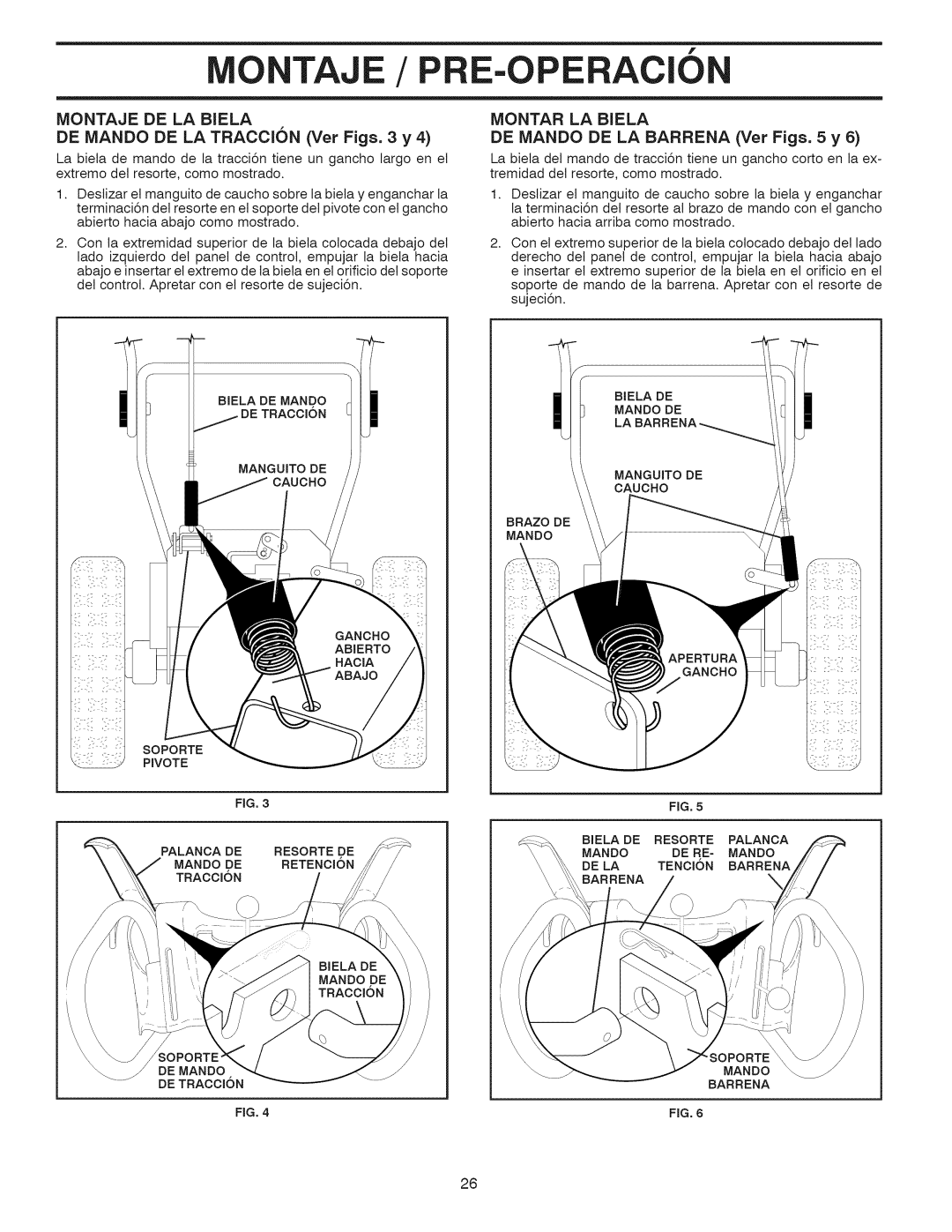 Craftsman 917.881064 owner manual Montaje / PRE-OPERACI, Montaje DE LA Biela, DE IVlANDO DE LA Traccion Vet Figs y 