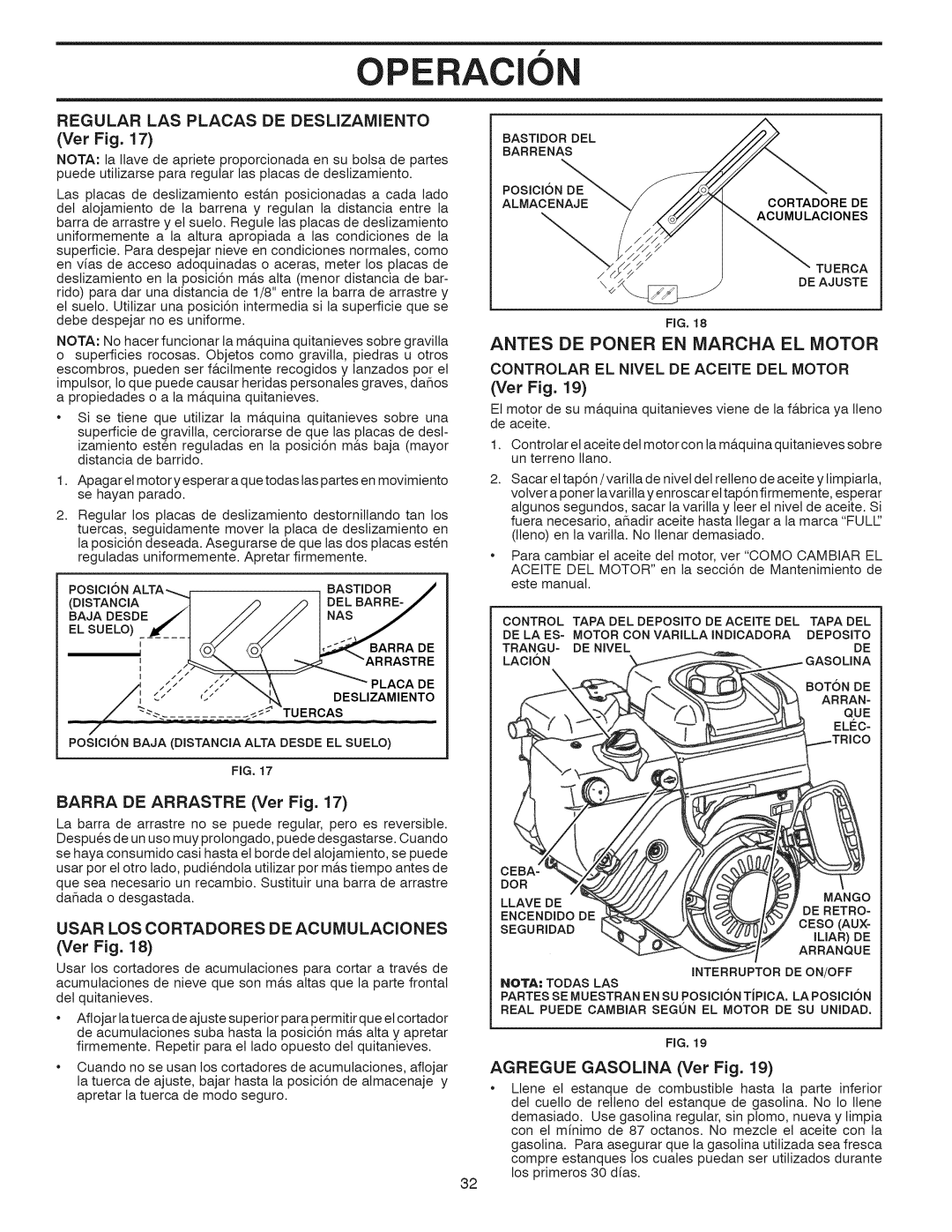 Craftsman 917.881064 owner manual Regular LAS Placas DE Deslizamiento, Controlar EL Nivel DE Aceite DEL Motor 