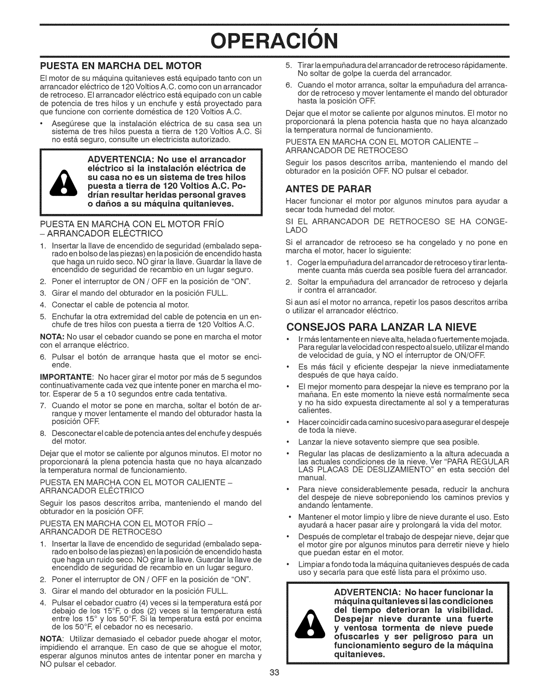 Craftsman 917.881064 owner manual Consejos Para Lanzar LA Nieve, Puesta EN Iviarcha DEL Motor, Antes DE Parar 