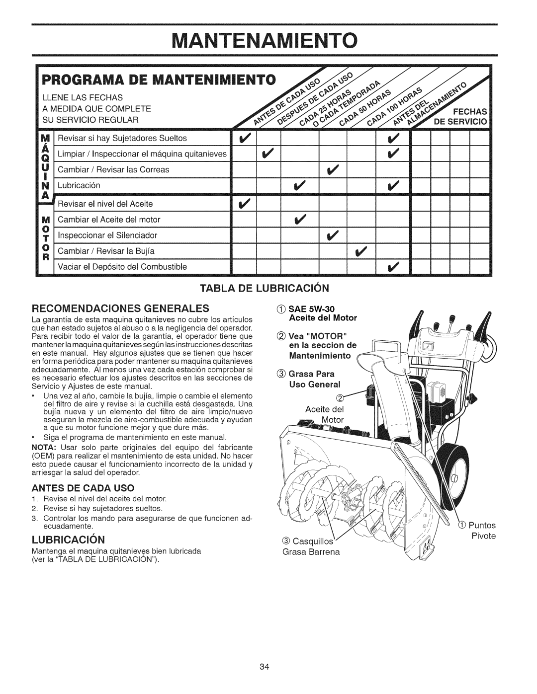 Craftsman 917.881064 owner manual Nto, Tabla DE Recomendaciones Generales, SAE 5W-30 Aceite del Motor, Antes DE Cada USO 