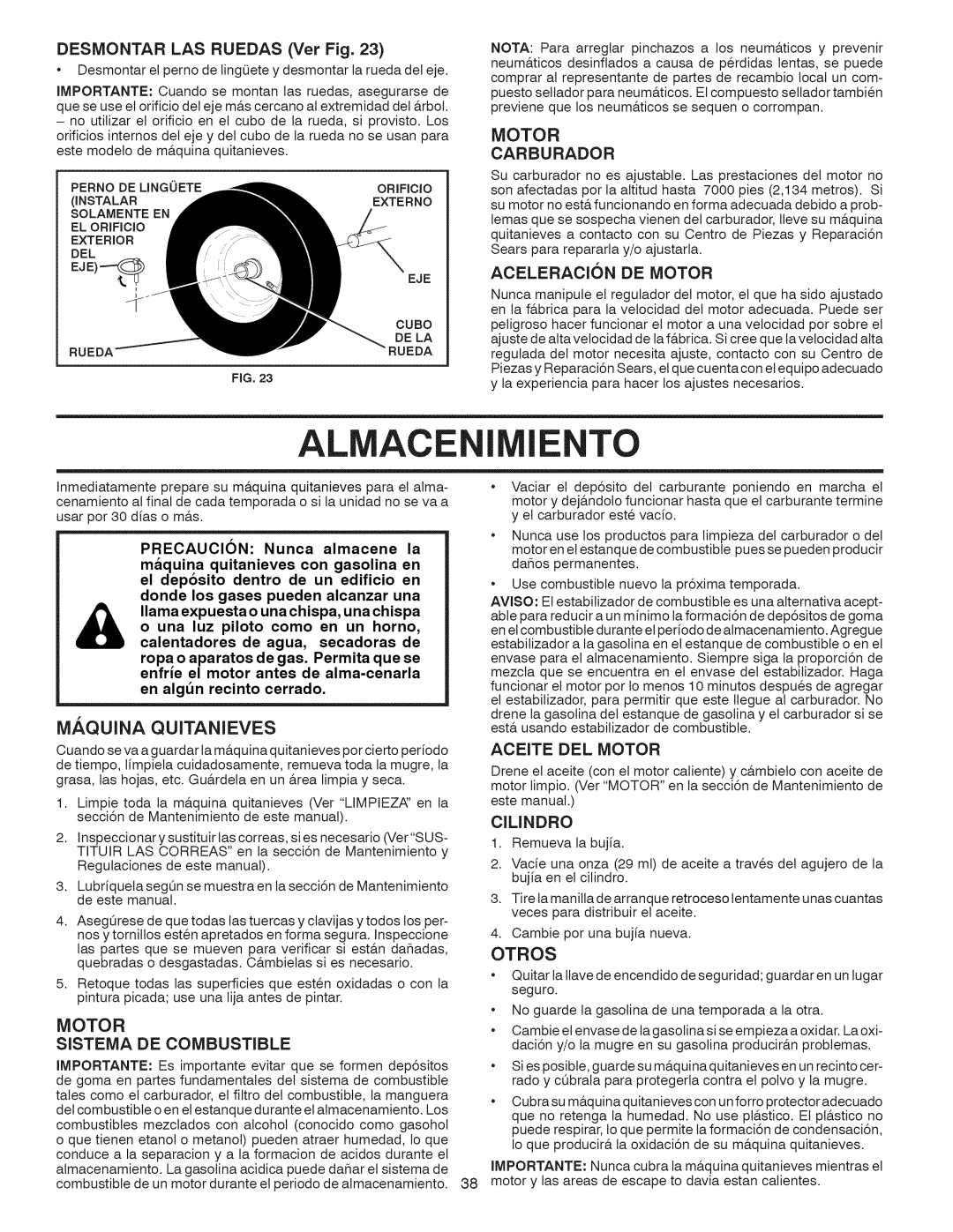 Craftsman 917.881064 owner manual ACE I to, Carburador, Otros, Desmontar LAS Ruedas Vet Fig, Aceite DEL Motor 