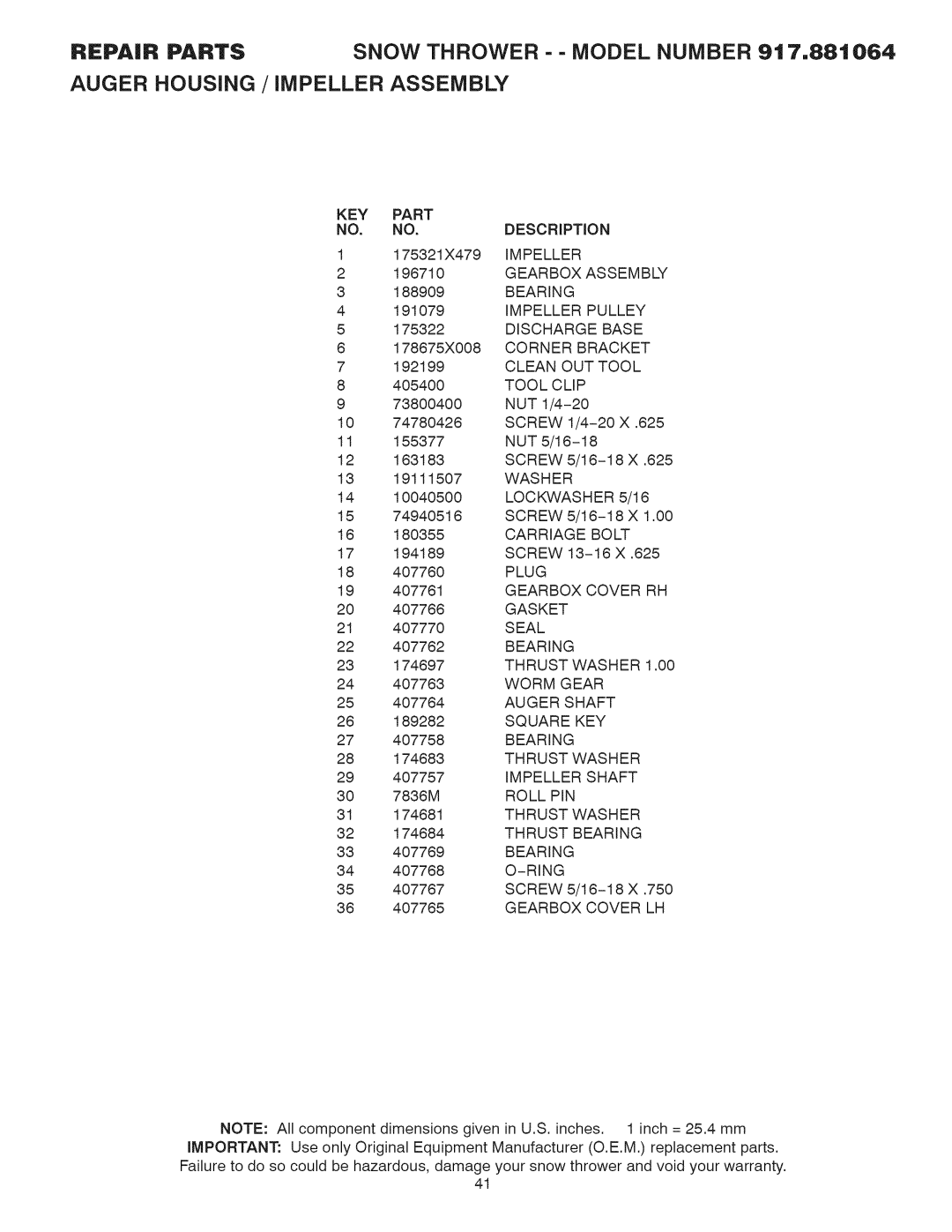 Craftsman 917.881064 owner manual Description, Impeller 