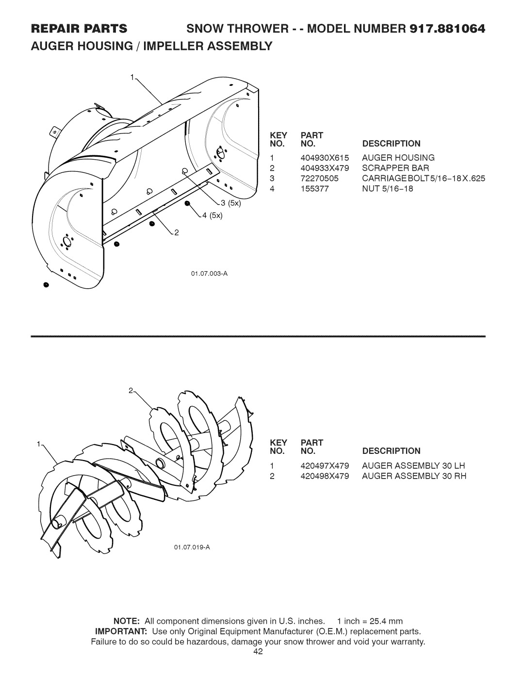 Craftsman 917.881064 owner manual KEY Part NO. no, Auger Housing Scrapper BAR 