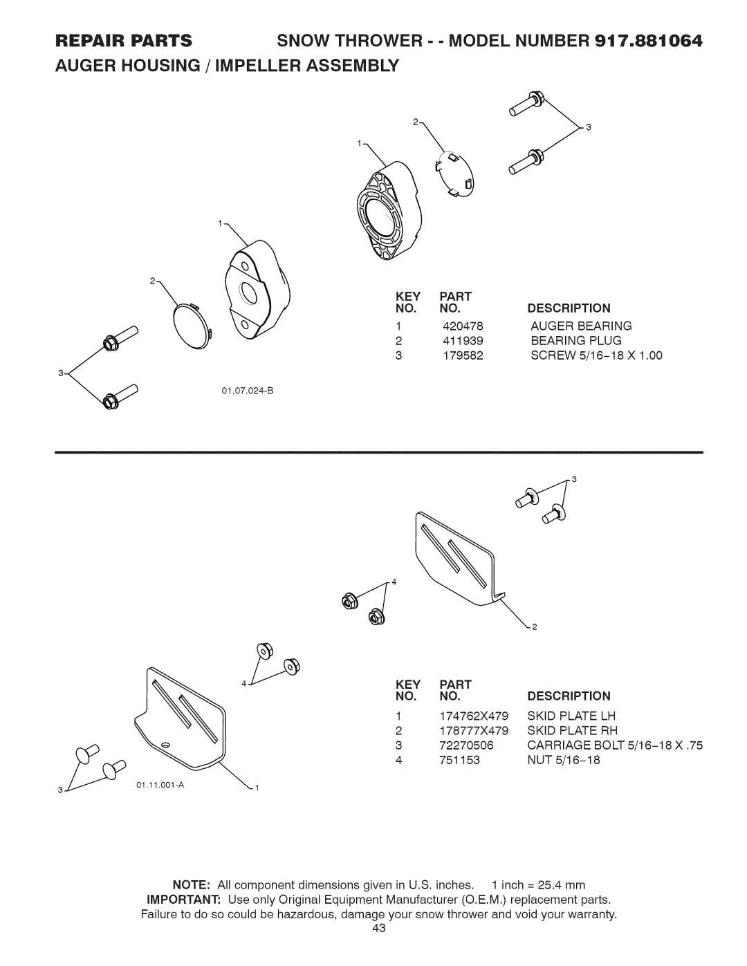 Craftsman 917.881064 owner manual Part, Description, Skid Plate LH, Skid Plate RH 