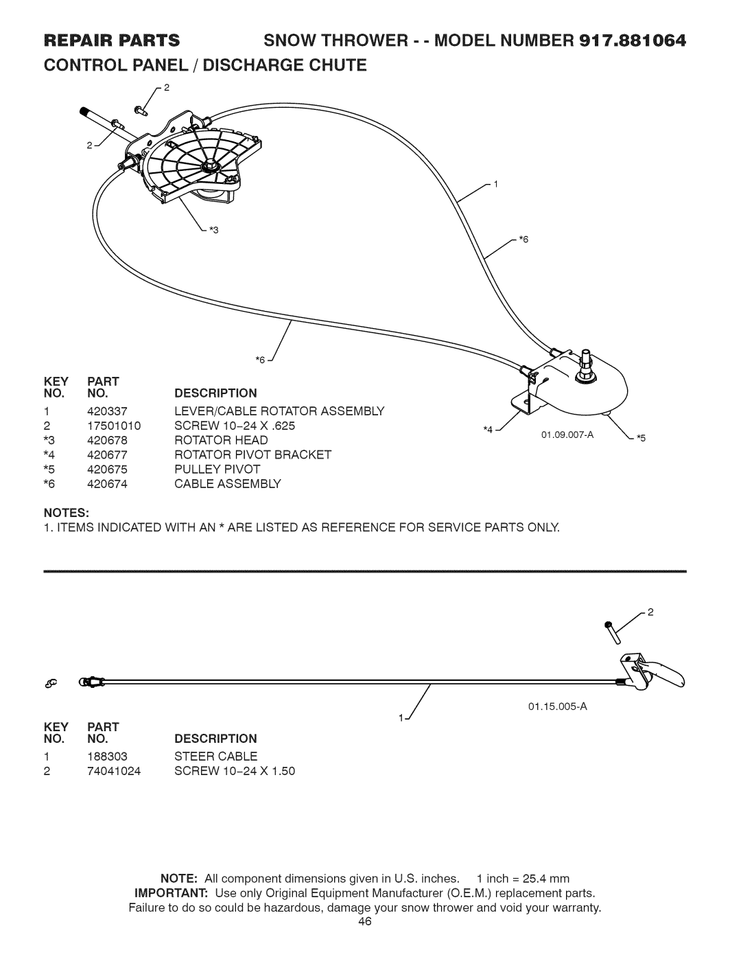 Craftsman 917.881064 LEVER/CABLE Rotator Assembly, Rotator Head, Rotator Pivot Bracket, Pulley Pivot, KEY Part Description 