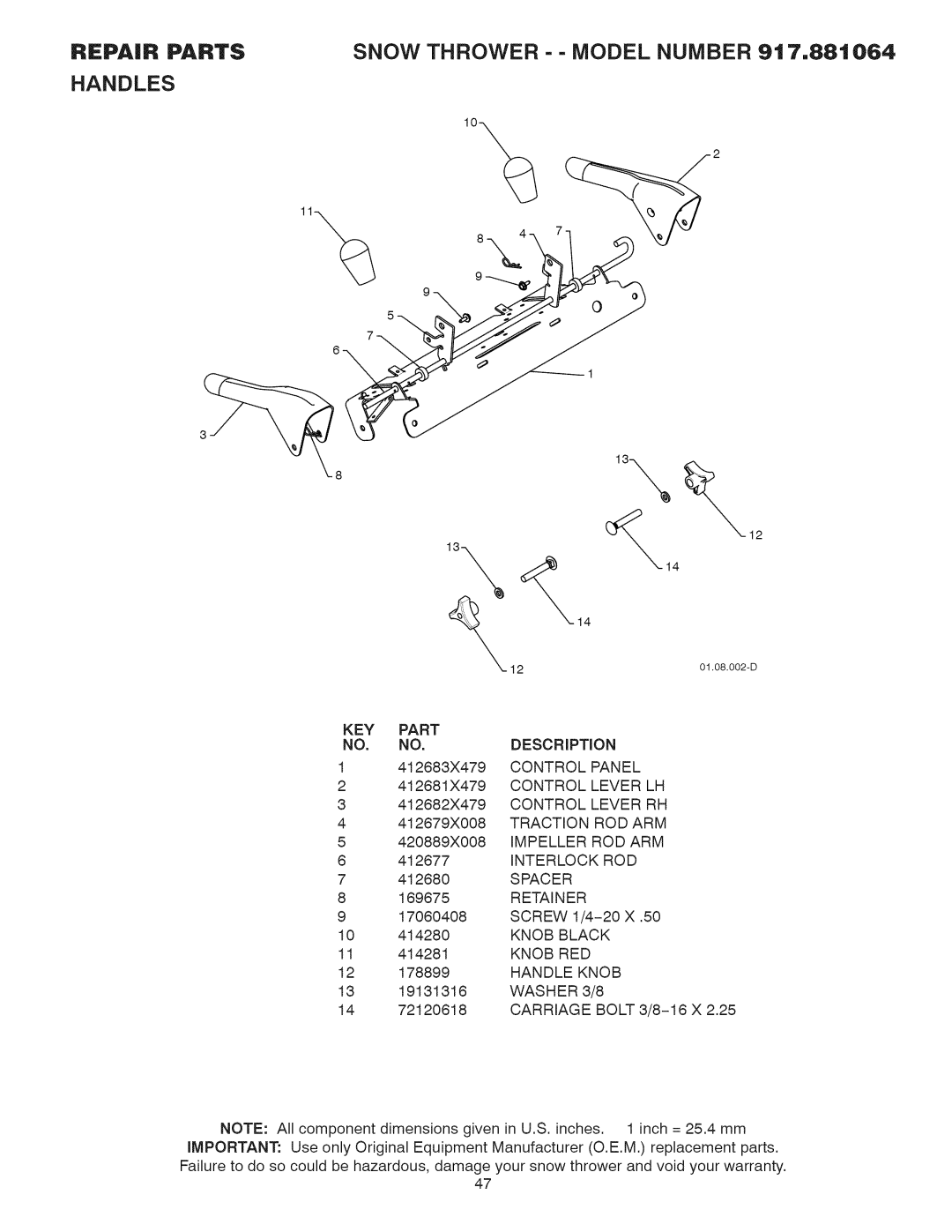 Craftsman 917.881064 owner manual Spacer, Retainer 