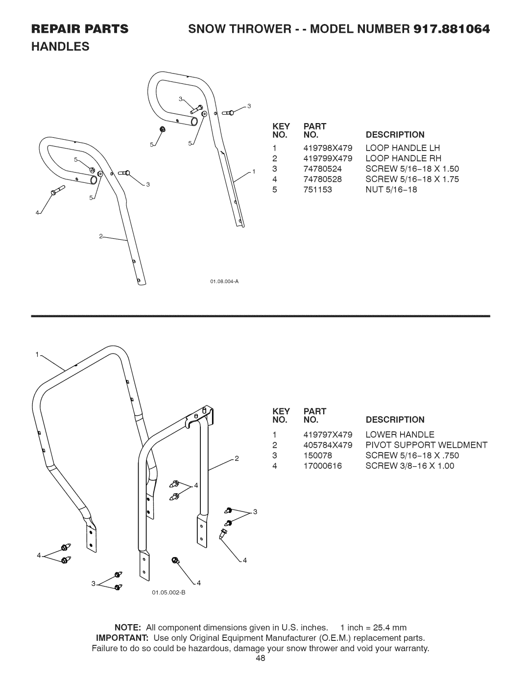 Craftsman 917.881064 owner manual Lower Handle, Pivot Support Weldment, KEY Part NO. no 