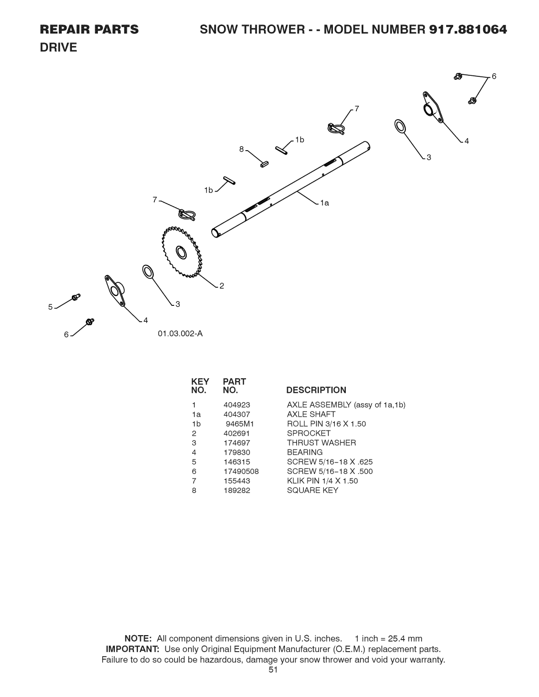 Craftsman 917.881064 owner manual Repair Parts Snow Thrower - Model Number 917,881064 Drive 