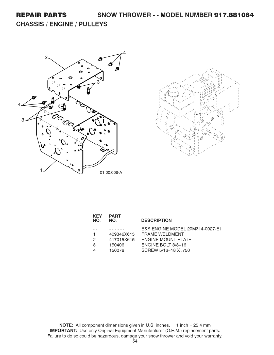 Craftsman 917.881064 owner manual Frame Weldment, Engine Mount Plate, Engine Bolt 3/8-18 