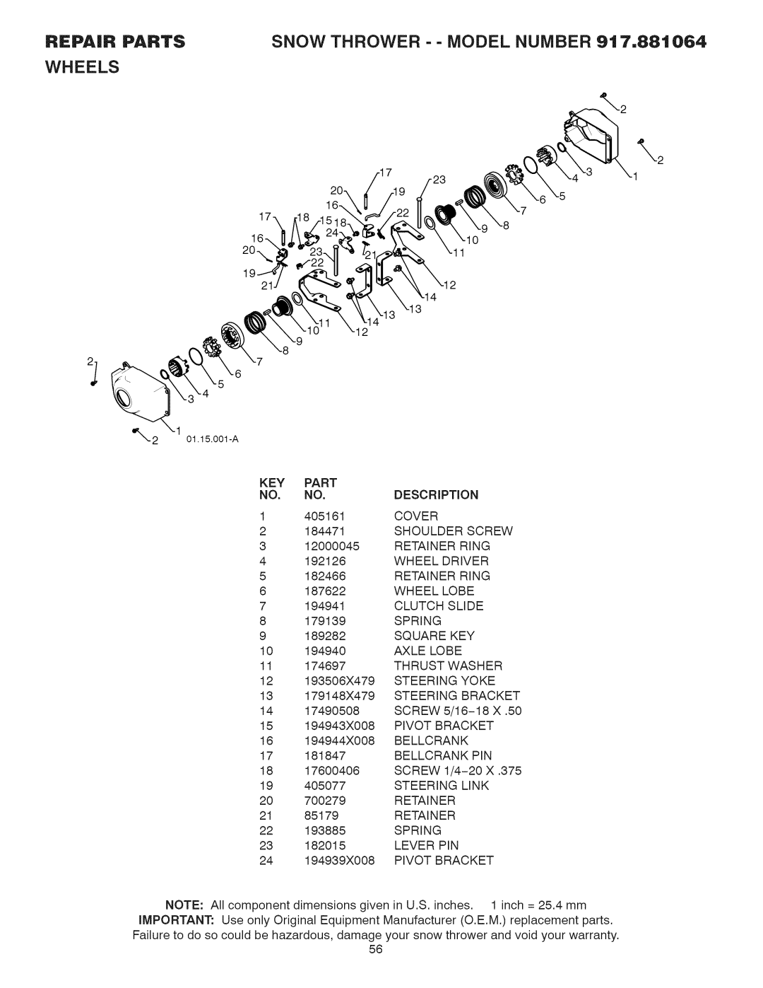 Craftsman 917.881064 Cover, Retainer Ring, Wheel Driver, Wheel Lobe, Clutch Slide, Axle Lobe, Steering Yoke, Lever PIN 