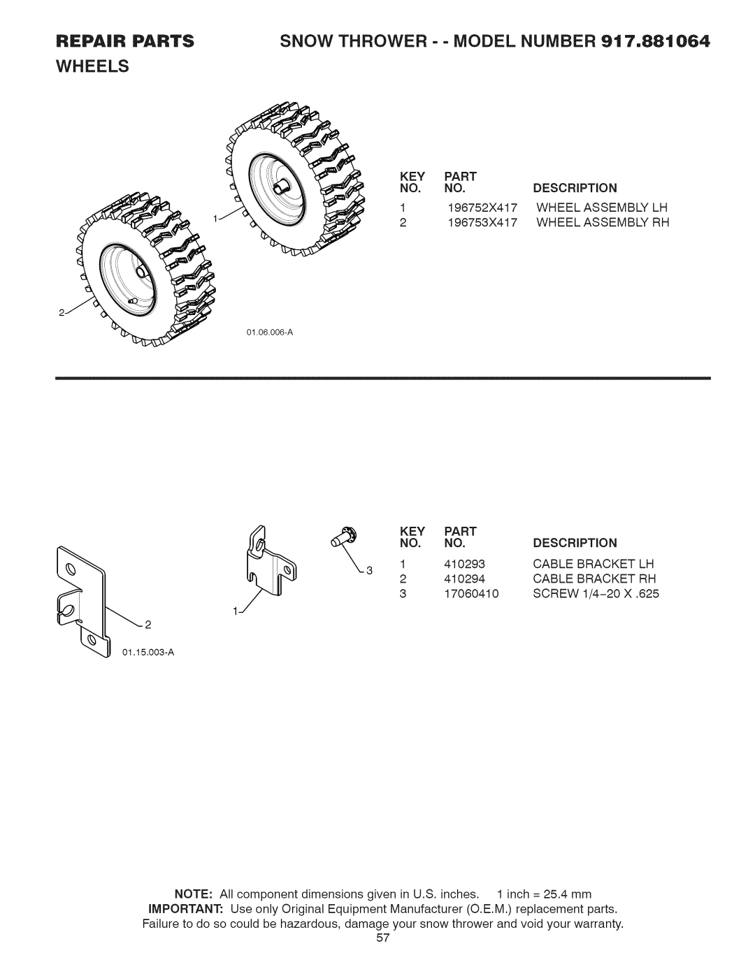 Craftsman 917.881064 owner manual Wheel Assembly, Cable Bracket LH Cable Bracket RH Screw 1/4-20 X, 2KEY 