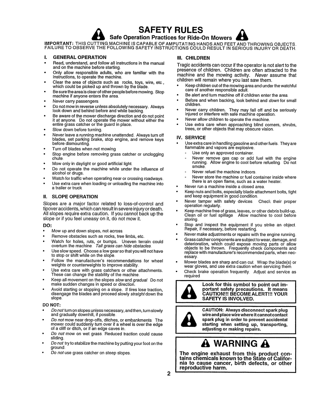 Craftsman 917O251550 owner manual It Safe Operation Practices for Ride-On Mowers, I1, Slope Operation, Reprductive harm 