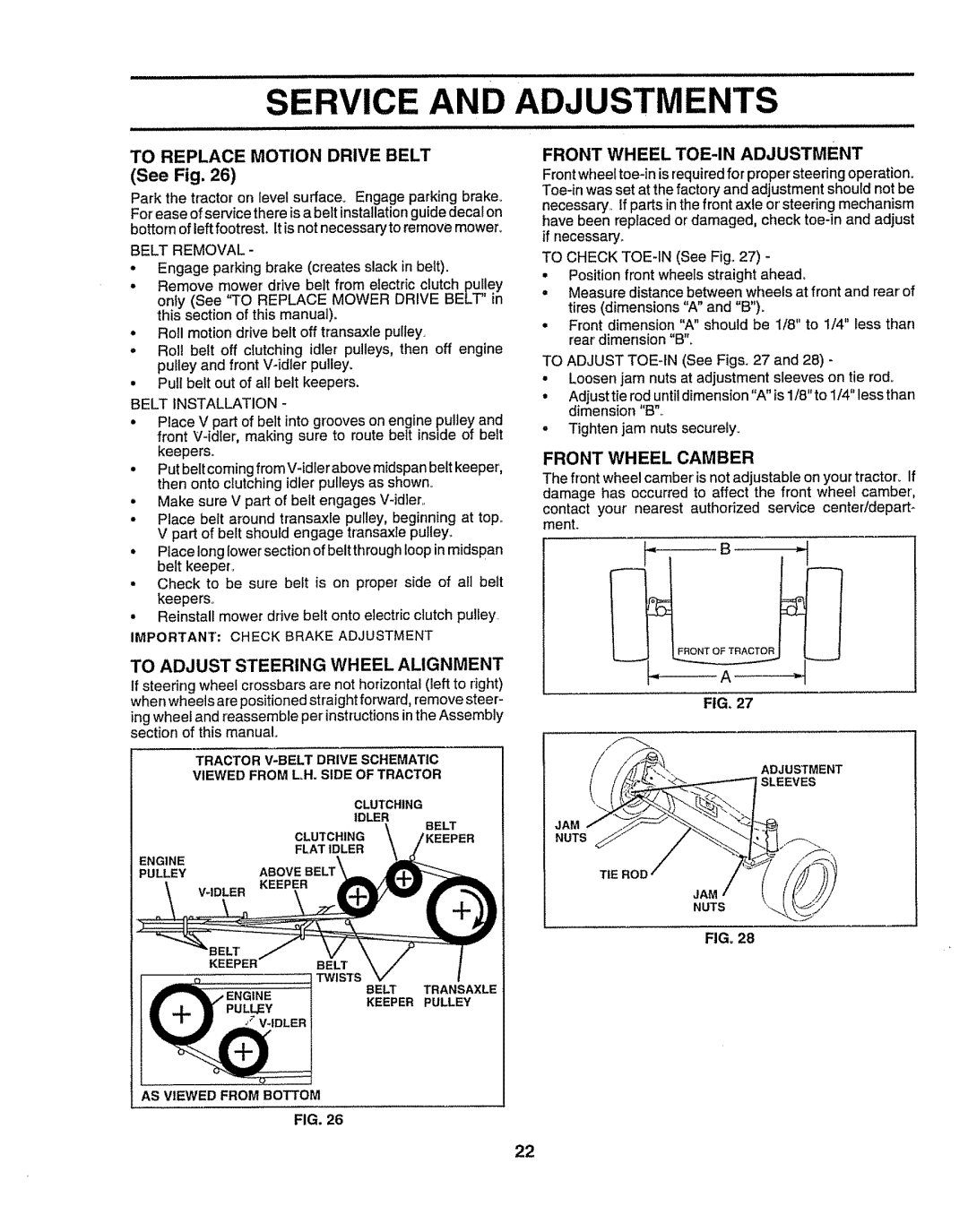 Craftsman 917O251550 owner manual To Replace Motion Drive Belt See Fig, Front Wheel TOE-IN Adjustment, Front Wheel Camber 