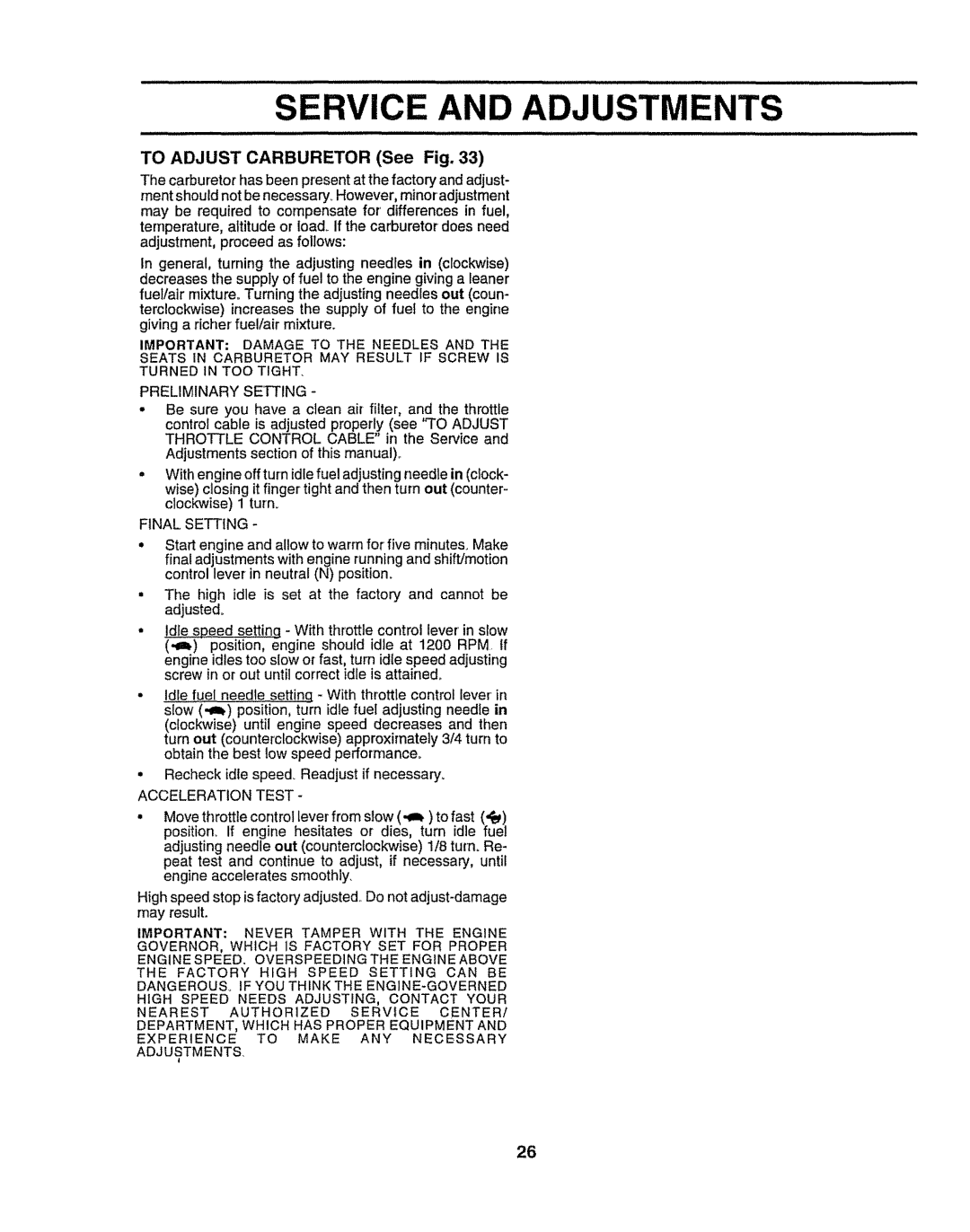 Craftsman 917O251550 owner manual To Adjust Carburetor See Fig, Final Setting, Acceleration Test 