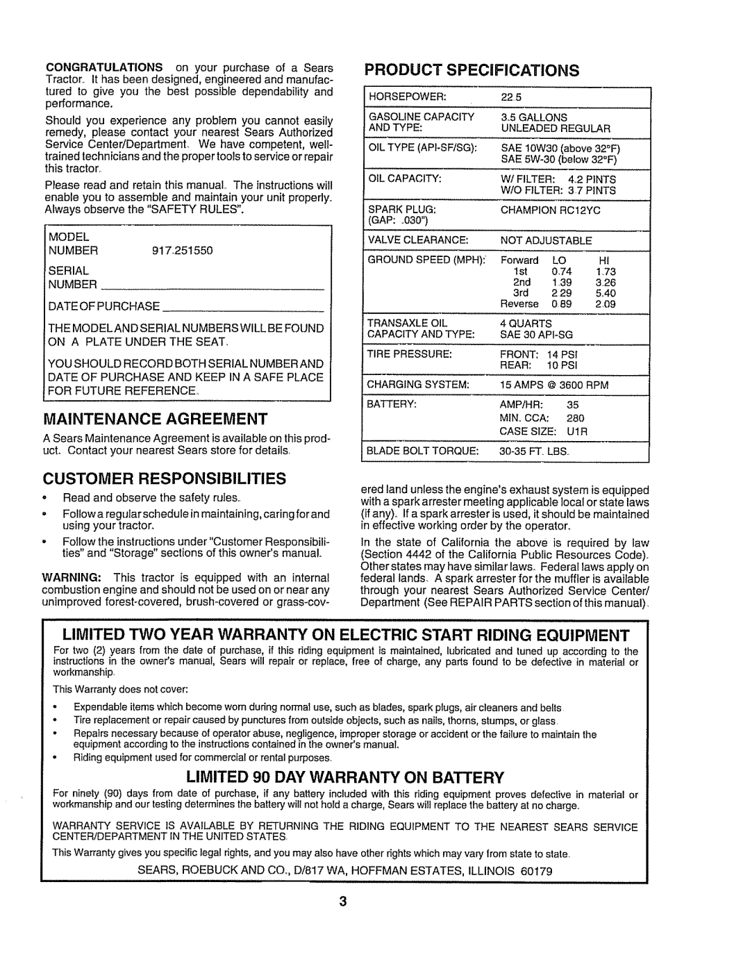 Craftsman 917O251550 owner manual Maintenance Agreement, Product Specifications, Limited 90 DAY Warranty on Battery, Model 