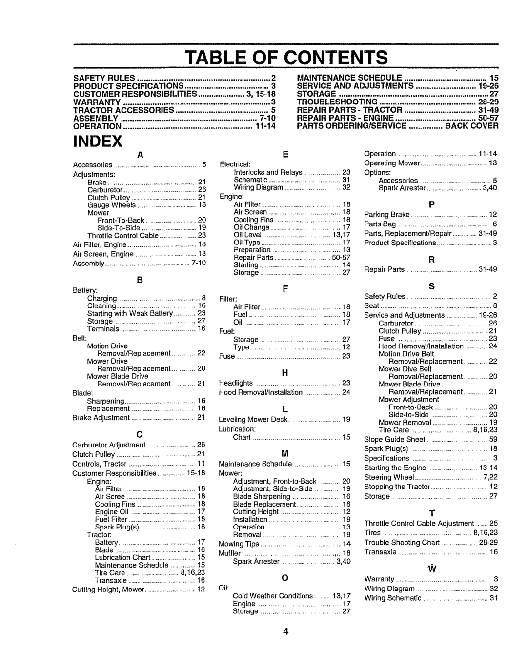 Craftsman 917O251550 owner manual 19-26, 28-29, 31-49, 50-57, Parts ORDERING/SERVICE Back Cover 