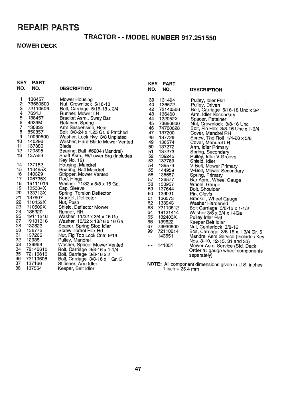 Craftsman 917O251550 owner manual Tractor -- Model Number, Mower Deck KEY Part Description 