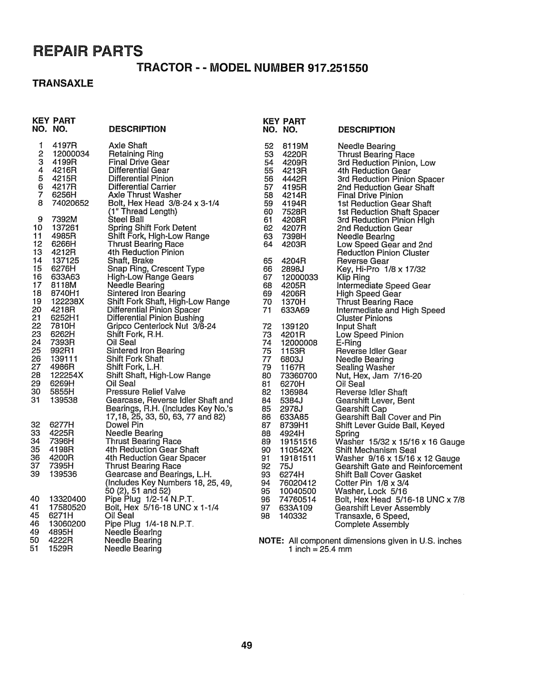 Craftsman 917O251550 owner manual KEY Part NO. no Description, 139536 