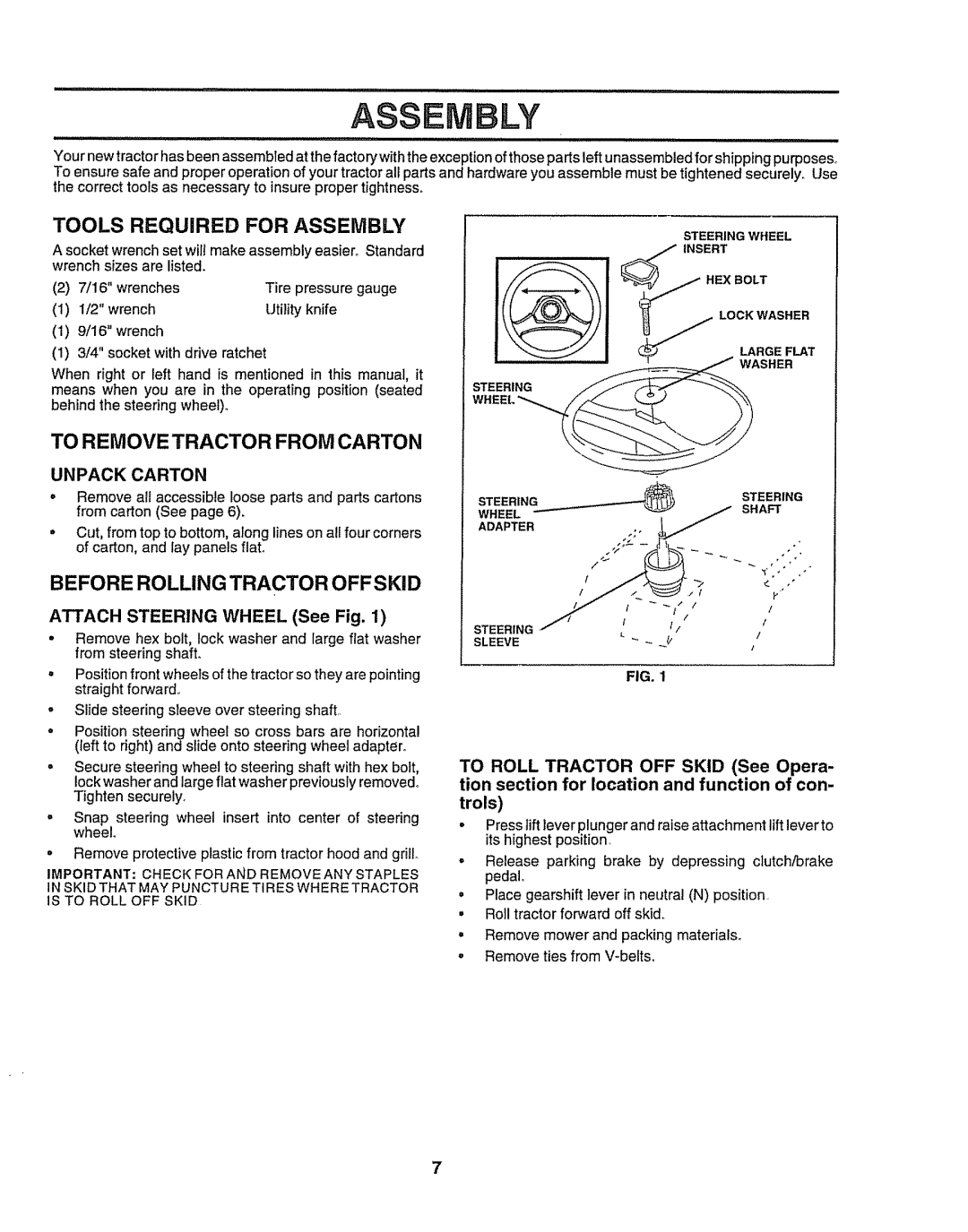 Craftsman 917O251550 Tools Required for Assembly, To Remove Tractor from Carton, Before Rolling Tractor Offskid 